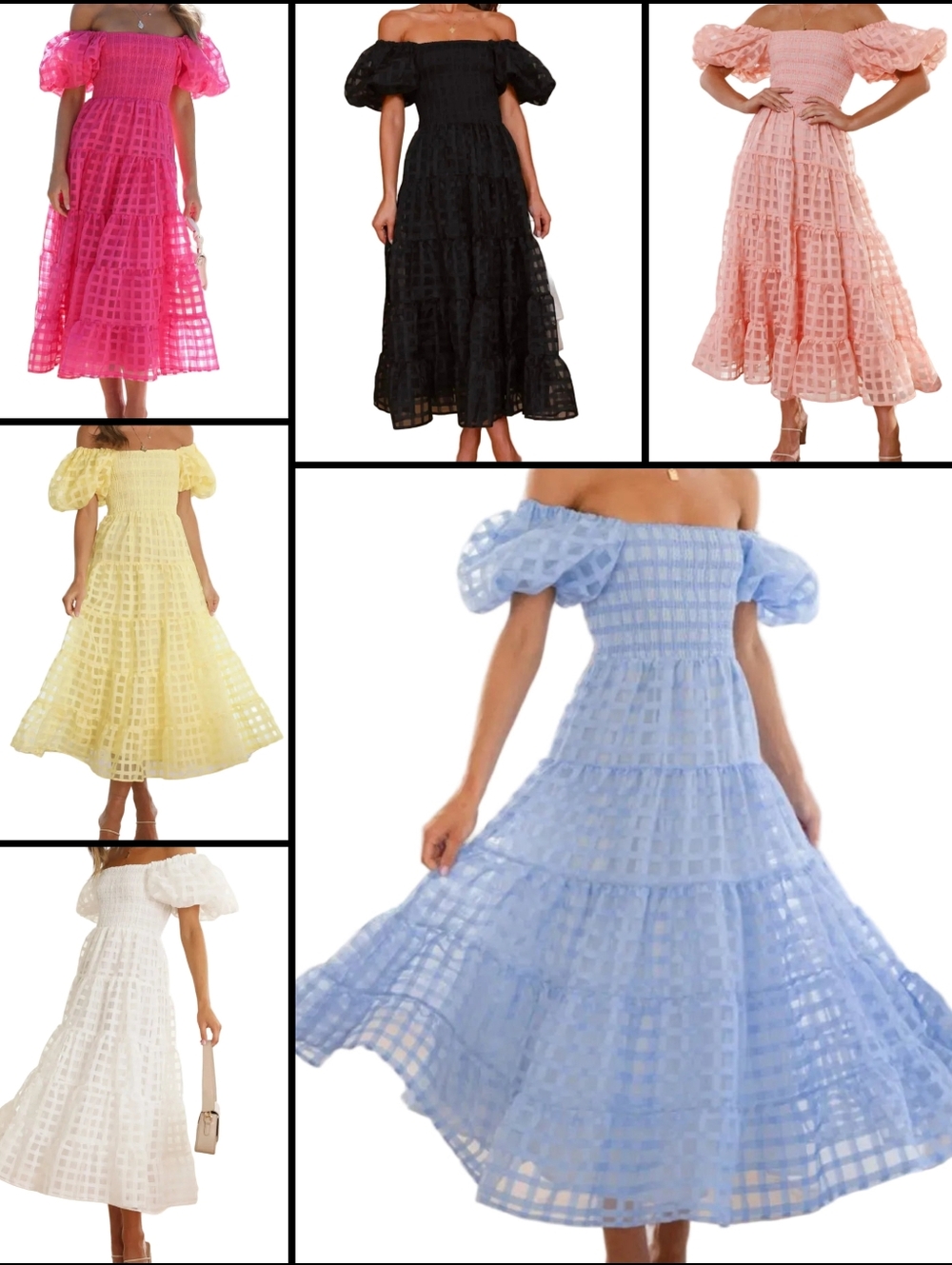 Off Shoulder Short Puff Sleeve Elastic Smocked Bodice Tiered A-line Midi Dress - Picture 14 of 14